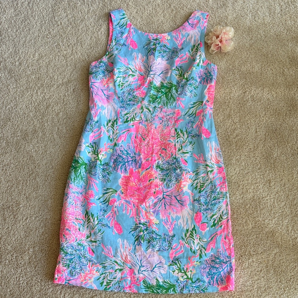 Lilly Pulitzer Blue and pink Floral Marina Sheath linen dress, 4